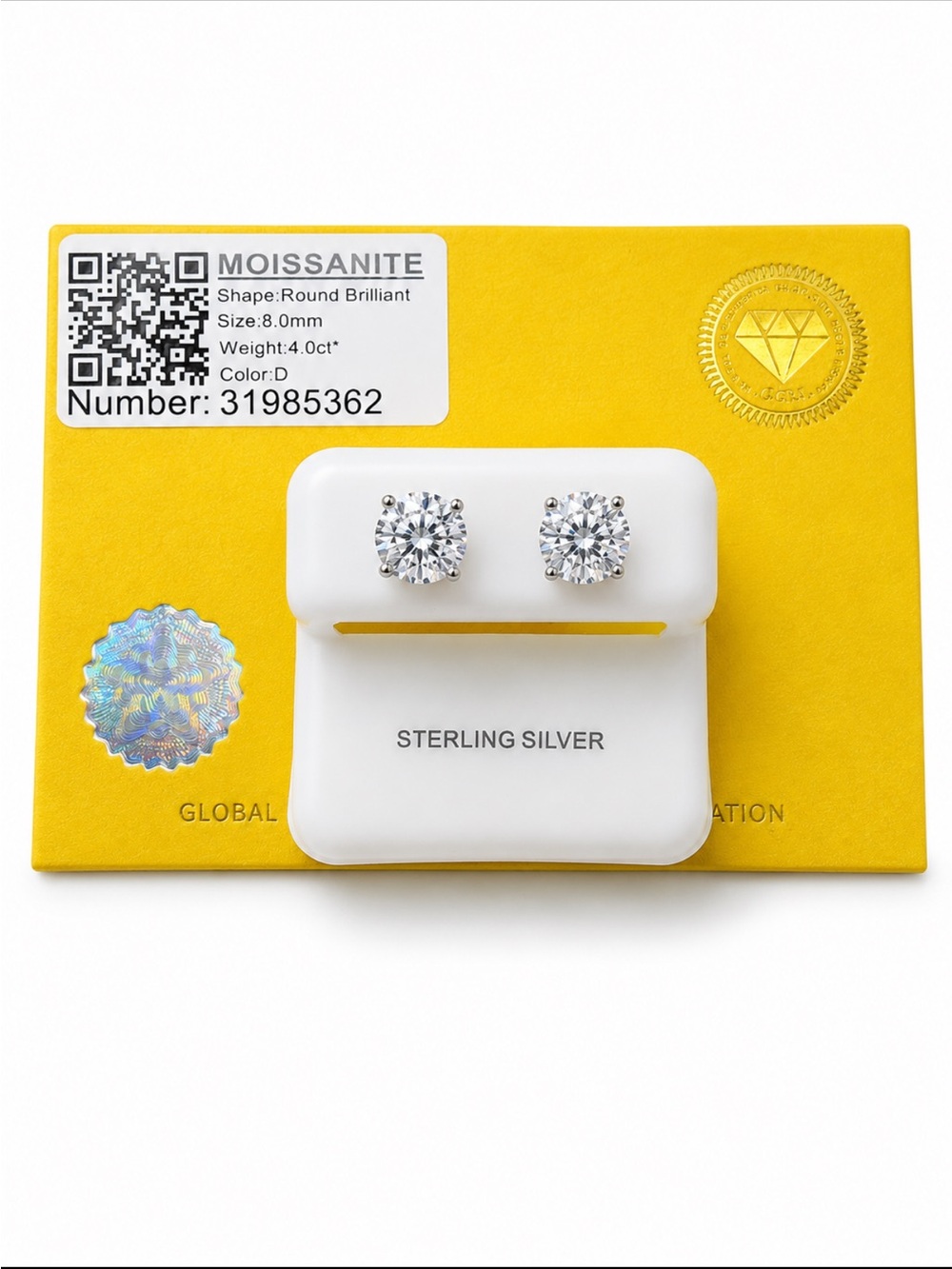 Sterling Silver 4ct Round Brilliant 8mm Moissinate Stud Earrings with GRA Cert